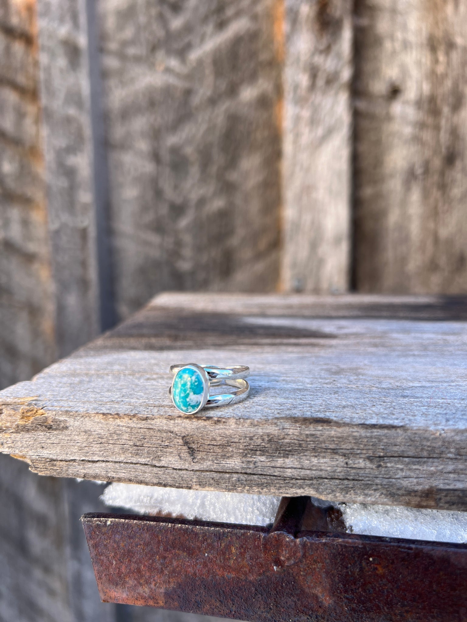 Sterling Silver & White Water Turquoise Double Band Ring Adjustable Size G7