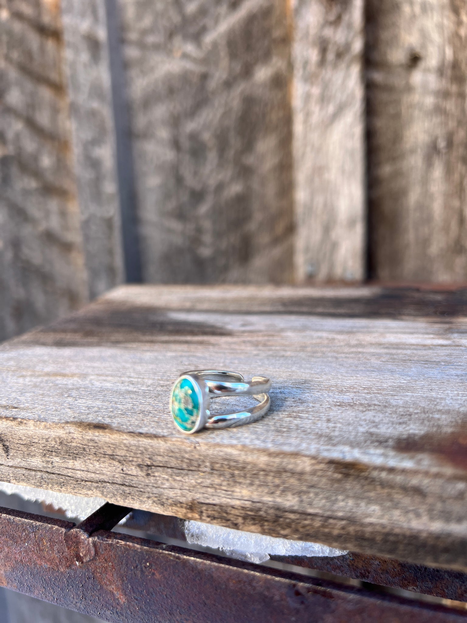 Sterling Silver & White Water Turquoise Double Band Ring Adjustable Size G9