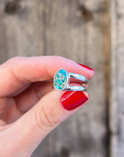 Sterling Silver & White Water Turquoise Double Band Ring Adjustable Size