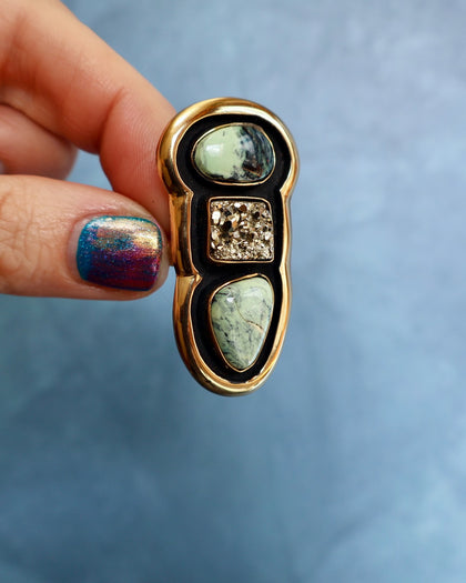 "Quantum Symbols" Triple Stone Variscite & Pyrite Ring in Gold Alchemia- Adjustable