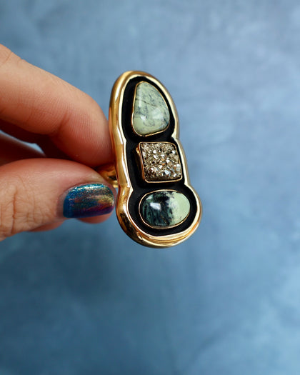 "Quantum Symbols" Triple Stone Variscite & Pyrite Ring in Gold Alchemia- Adjustable