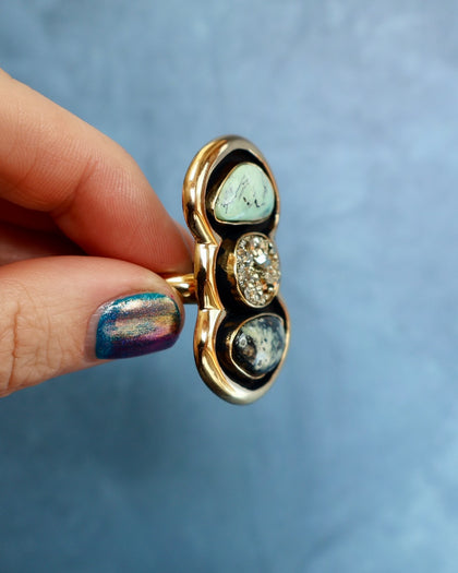 "Quantum Symbols" Triple Stone Variscite & Pyrite Ring in Gold Alchemia- Adjustable