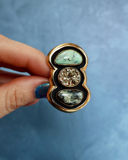"Quantum Symbols" Triple Stone Variscite & Pyrite Ring in Gold Alchemia- Adjustable