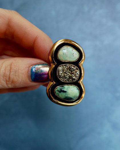 "Quantum Symbols" Triple Stone Variscite & Pyrite Ring in Gold Alchemia- Adjustable