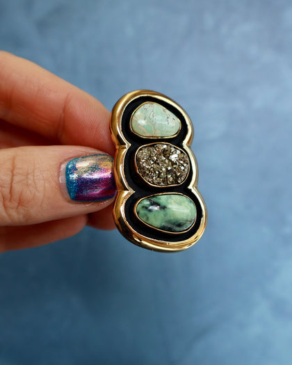 "Quantum Symbols" Triple Stone Variscite & Pyrite Ring in Gold Alchemia- Adjustable