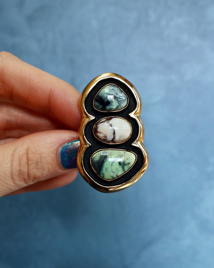 "Quantum Symbols" Triple Stone Variscite & Wild Horse Ring in Gold Alchemia- Adjustable