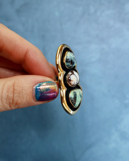 "Quantum Symbols" Triple Stone Variscite & Wild Horse Ring in Gold Alchemia- Adjustable