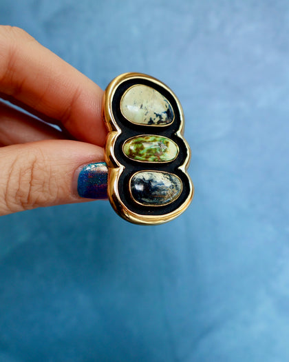 "Quantum Symbols" Triple Stone Variscite Ring in Gold Alchemia- Adjustable