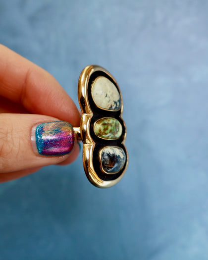 "Quantum Symbols" Triple Stone Variscite Ring in Gold Alchemia- Adjustable