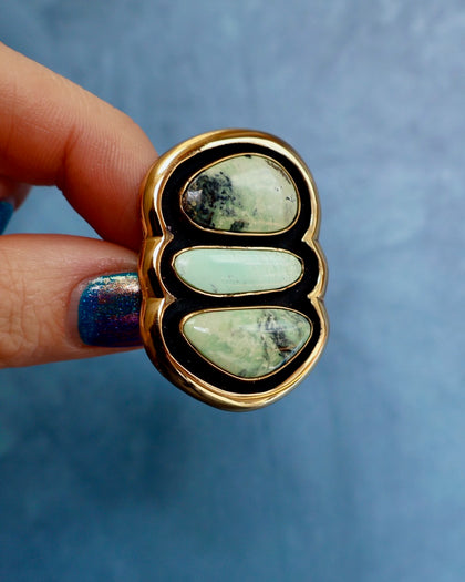 "Quantum Symbols" Triple Stone Variscite Ring in Gold Alchemia- Adjustable