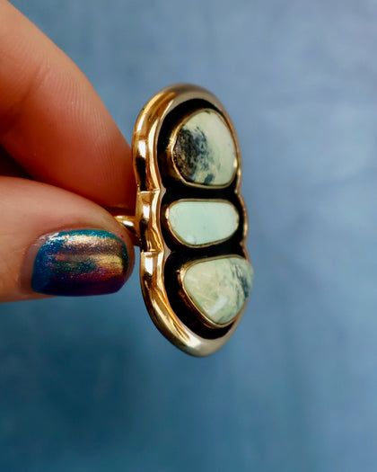 "Quantum Symbols" Triple Stone Variscite Ring in Gold Alchemia- Adjustable