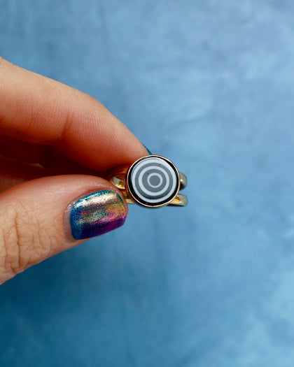 Twilight Zone Spiral Ring — Millefiori in Gold Alchemia. Adjustable.
