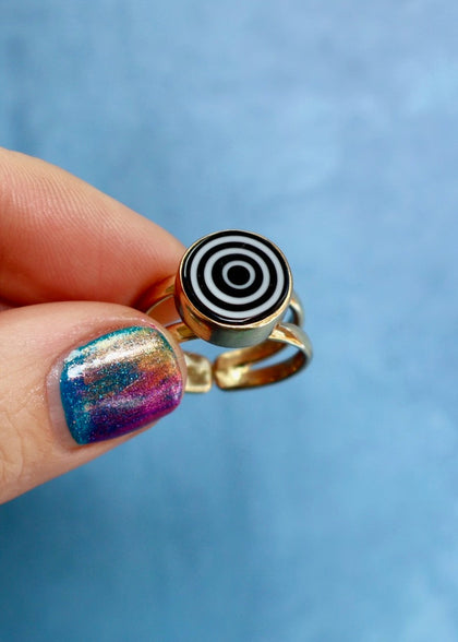 Twilight Zone Spiral Ring — Millefiori in Gold Alchemia. Adjustable.