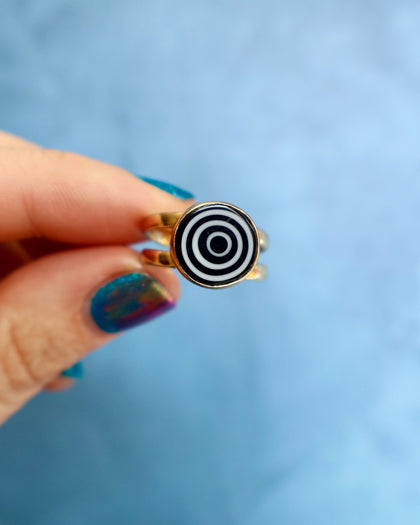 Twilight Zone Spiral Ring — Millefiori in Gold Alchemia. Adjustable.