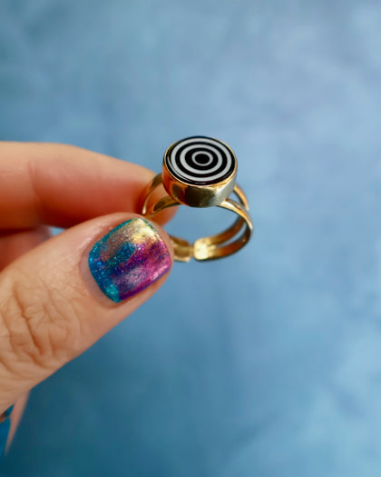 Twilight Zone Spiral Ring — Millefiori in Gold Alchemia. Adjustable.