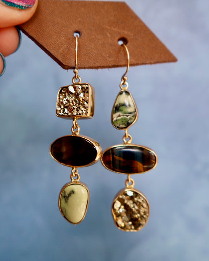 "Lunar Relic" Earrings Pyrite, Variscite and Pietersite in Gold Alchema