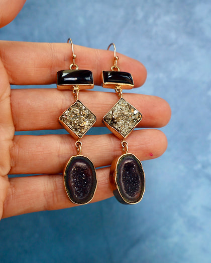 "Lunar Relic" Earrings Pyrite, Onyx and Geode in Gold Alchema