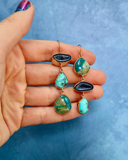 "Lunar Relic" Earrings Turquoise, Opal and Geode in Gold Alchema