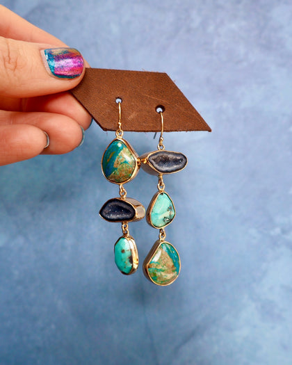 "Lunar Relic" Earrings Turquoise, Opal and Geode in Gold Alchema