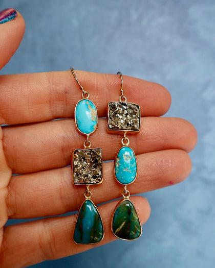 "Lunar Relic" Earrings Turquoise, Opal and Pyrite in Gold Alchema