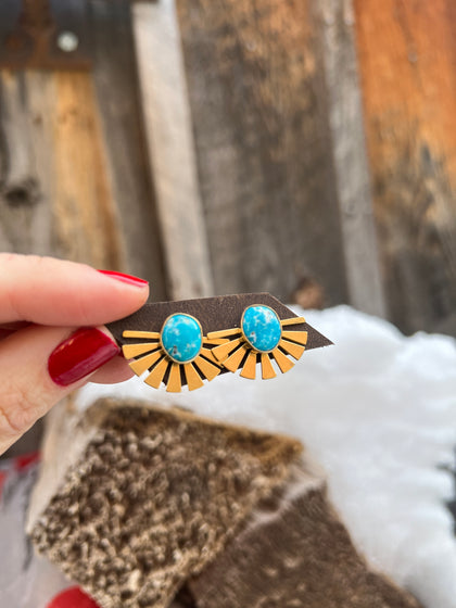 Kingman Turquoise & Gold Alchemia Fan Style Ear Jacket three way earring set