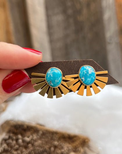 Kingman Turquoise & Gold Alchemia Fan Style Ear Jacket three way earring set