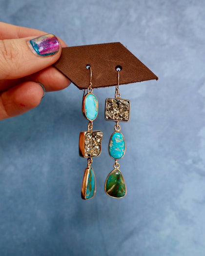 "Lunar Relic" Earrings Turquoise, Opal and Pyrite in Gold Alchema