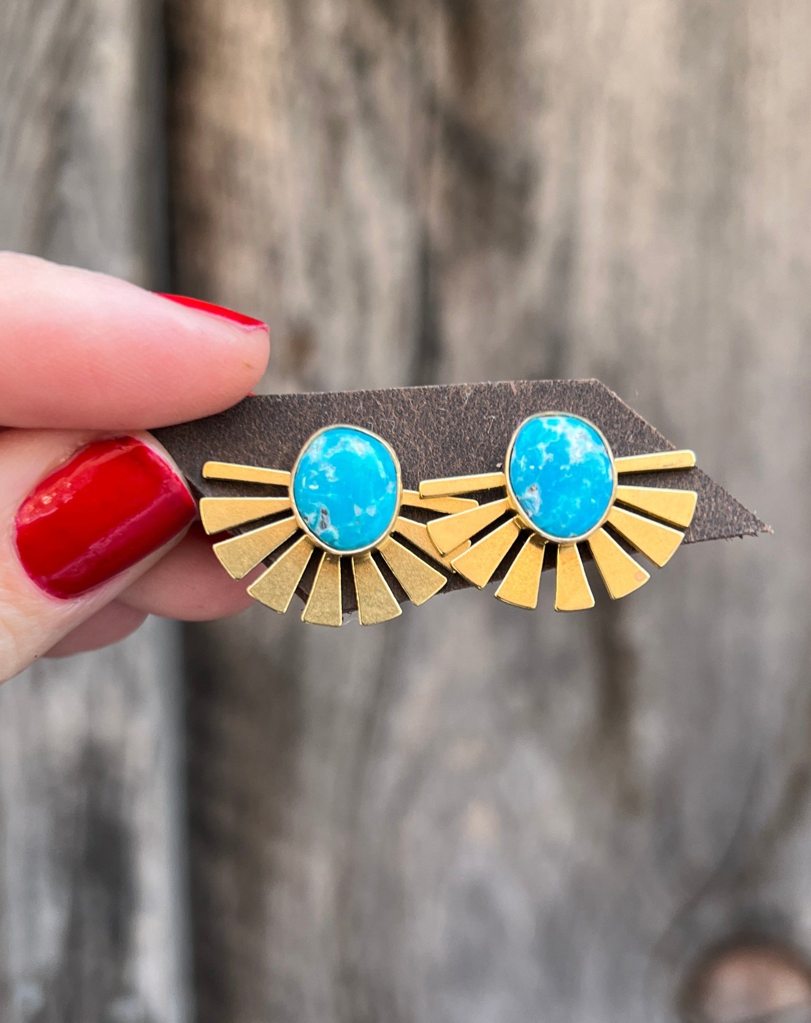 Kingman Turquoise & Gold Alchemia Fan Style Ear Jacket three way earring set G21