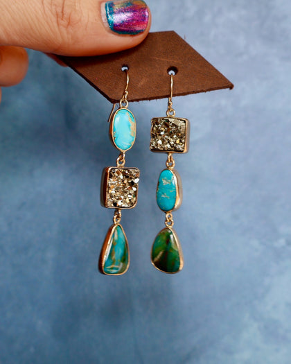 "Lunar Relic" Earrings Turquoise, Opal and Pyrite in Gold Alchema