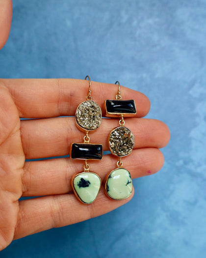 "Lunar Relic" Earrings Variscite, Onyx and Pyrite in Gold Alchema
