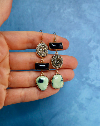 "Lunar Relic" Earrings Variscite, Onyx and Pyrite in Gold Alchema