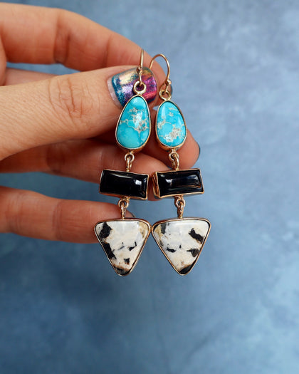 "Lunar Relic" Earrings Turquoise, Onyx and White Buffalo in Gold Alchema