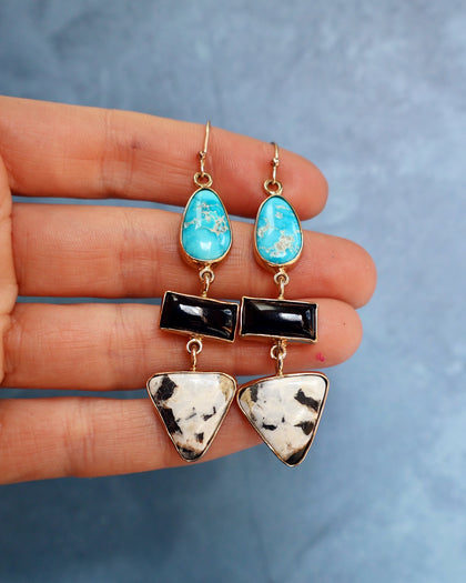 "Lunar Relic" Earrings Turquoise, Onyx and White Buffalo in Gold Alchema