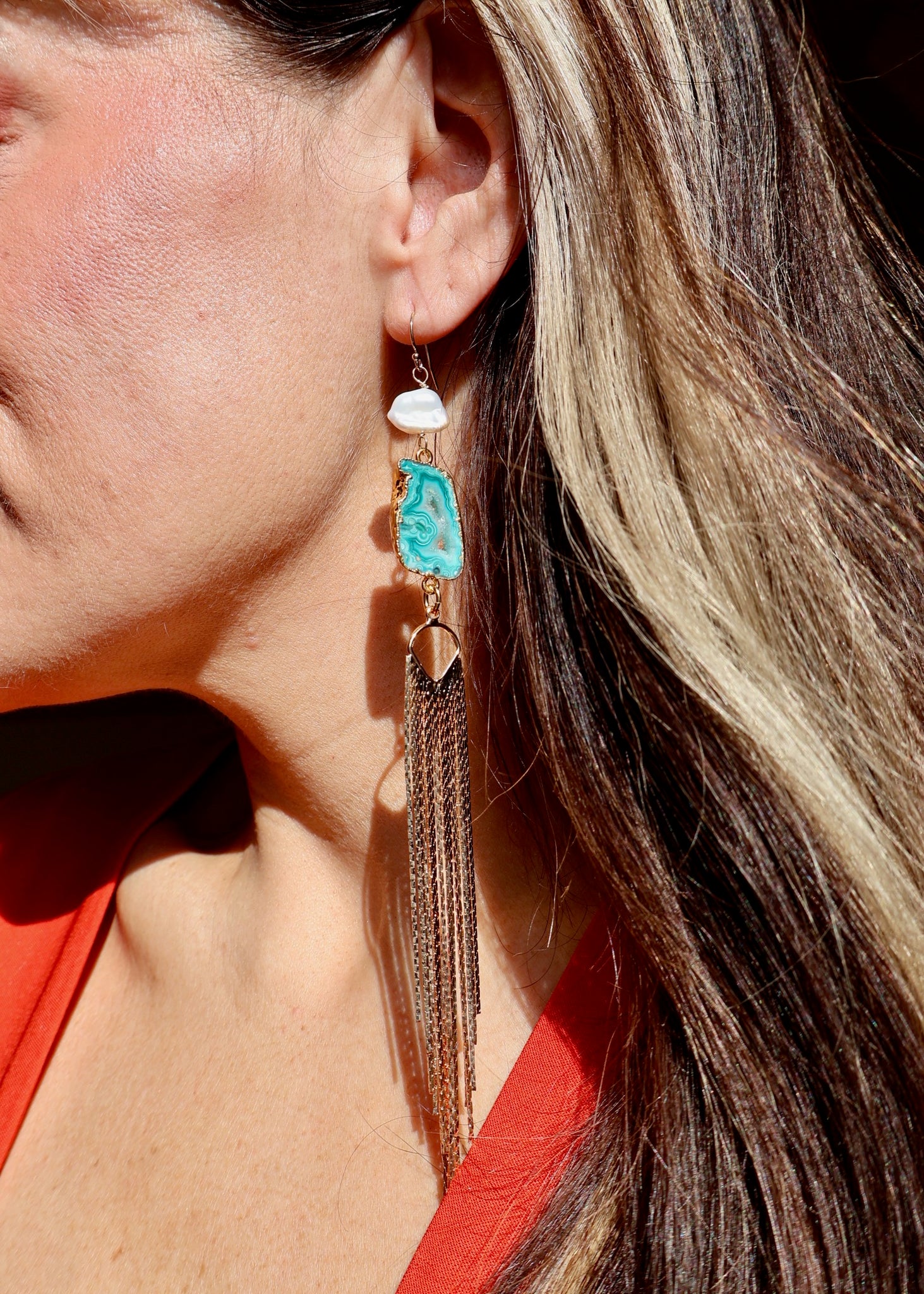 Teal Green Agate Slice & Pearl earrings