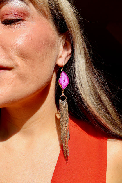 Pink Agate Slice & Sparkle Chain Earrings