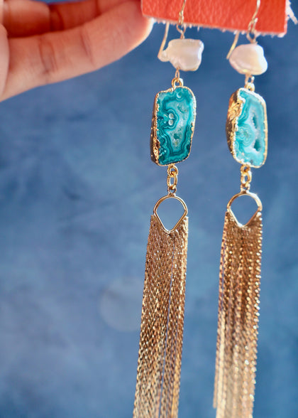 Teal Green Agate Slice & Pearl earrings