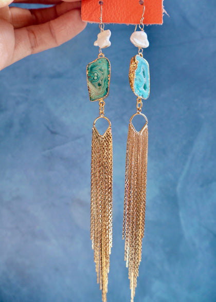 Teal Green Agate Slice & Pearl earrings