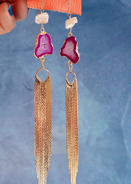 Pink Agate Slice & Pearl earrings
