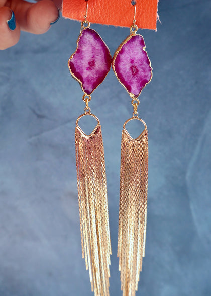 Pink Agate Slice & Sparkle Chain Earrings