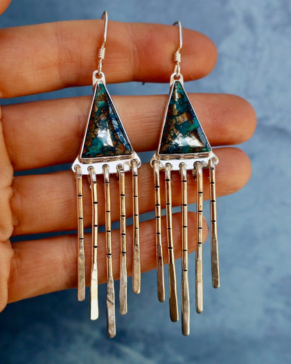 "Intelligent Life" Earrings. Morenci & Sterling Silver Fringe
