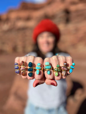 Triple Stone Faceted Turquoise & Gold Alchemia Adjustable Ring W19