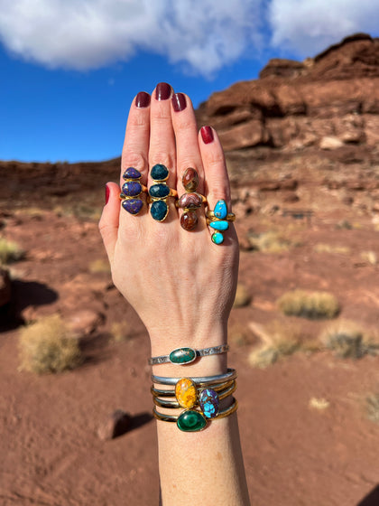 Triple Stone Red Agate & Gold Alchemia Adjustable Ring