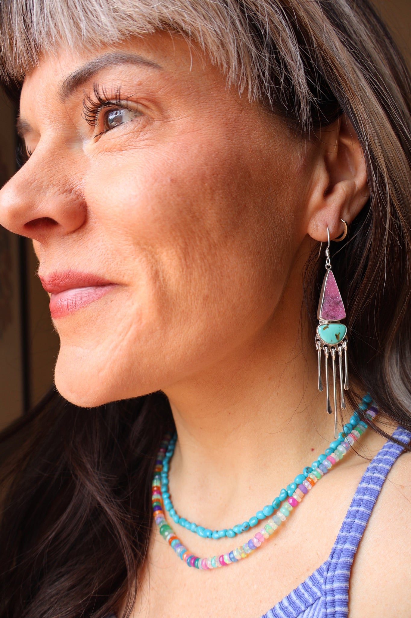 Electric Desert Sterling Silver Fringe Earrings with Cobalto Calcite and Turquoise E59