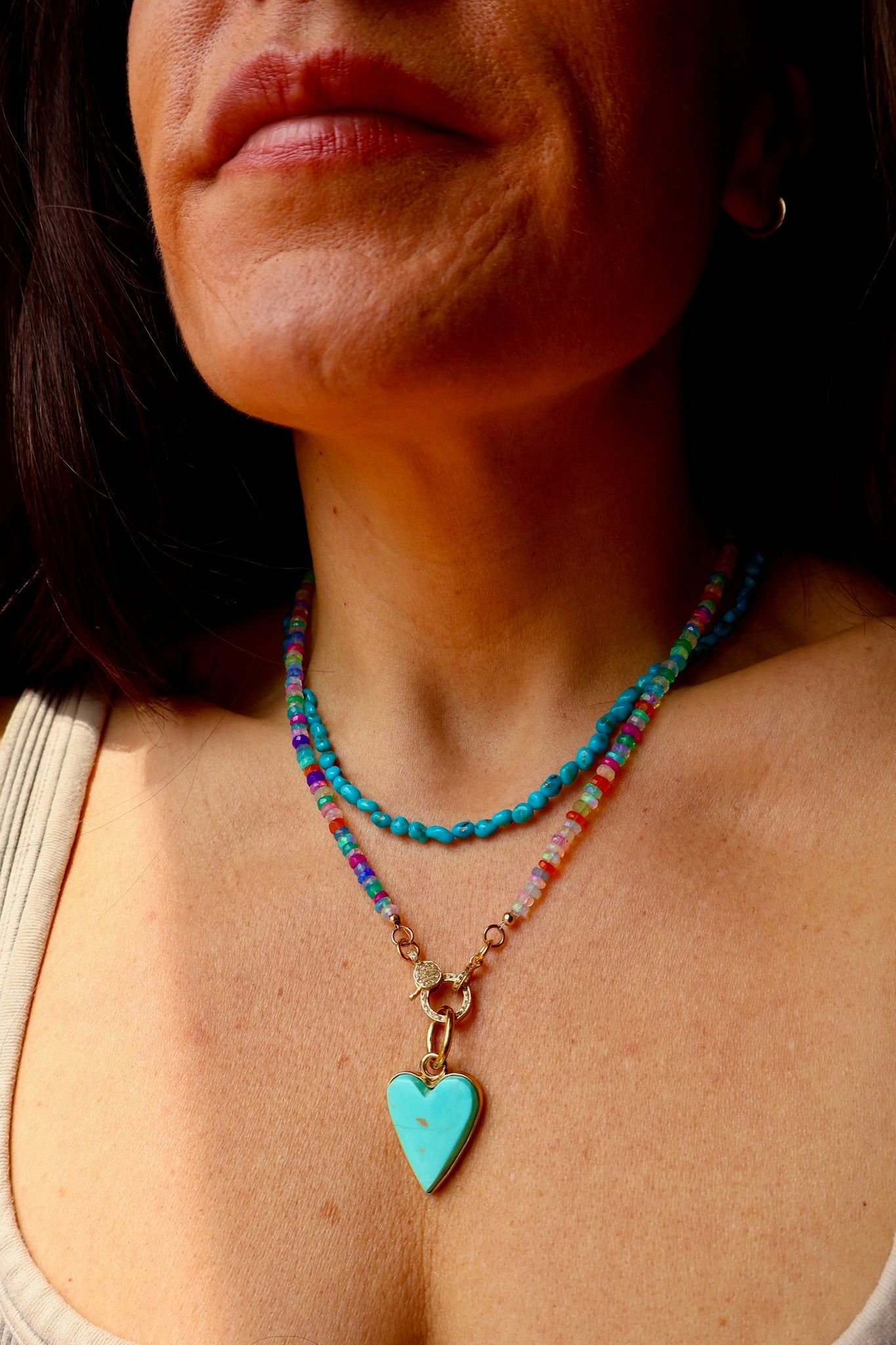 Diamond Clasp Neon Rainbow Faceted Opal Necklace with Campitos Turquoise Heart Pendant E36
