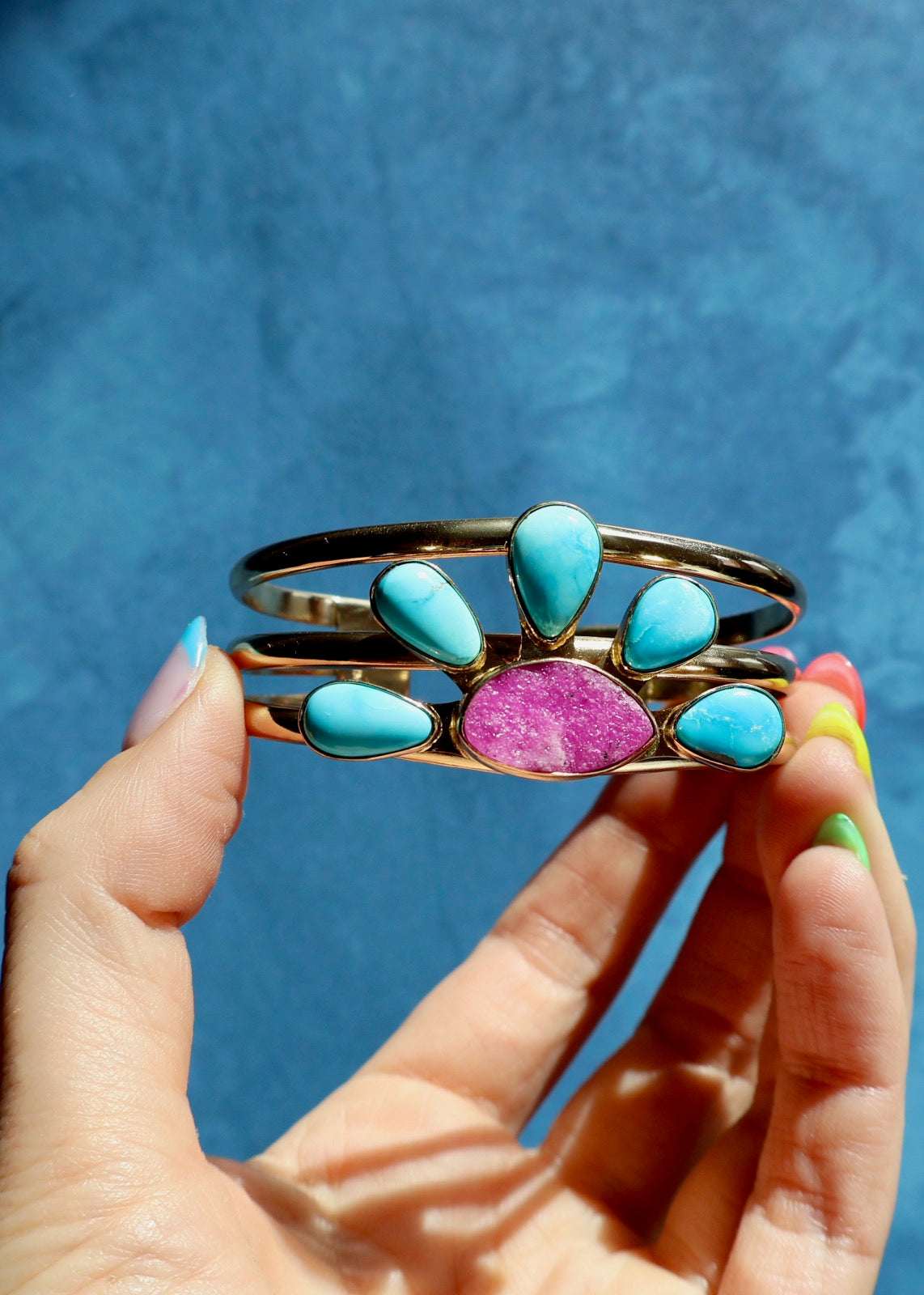 Cobalto Calcite &  Turquoise Triple Cuff Bracelet in Gold Alchemia E2