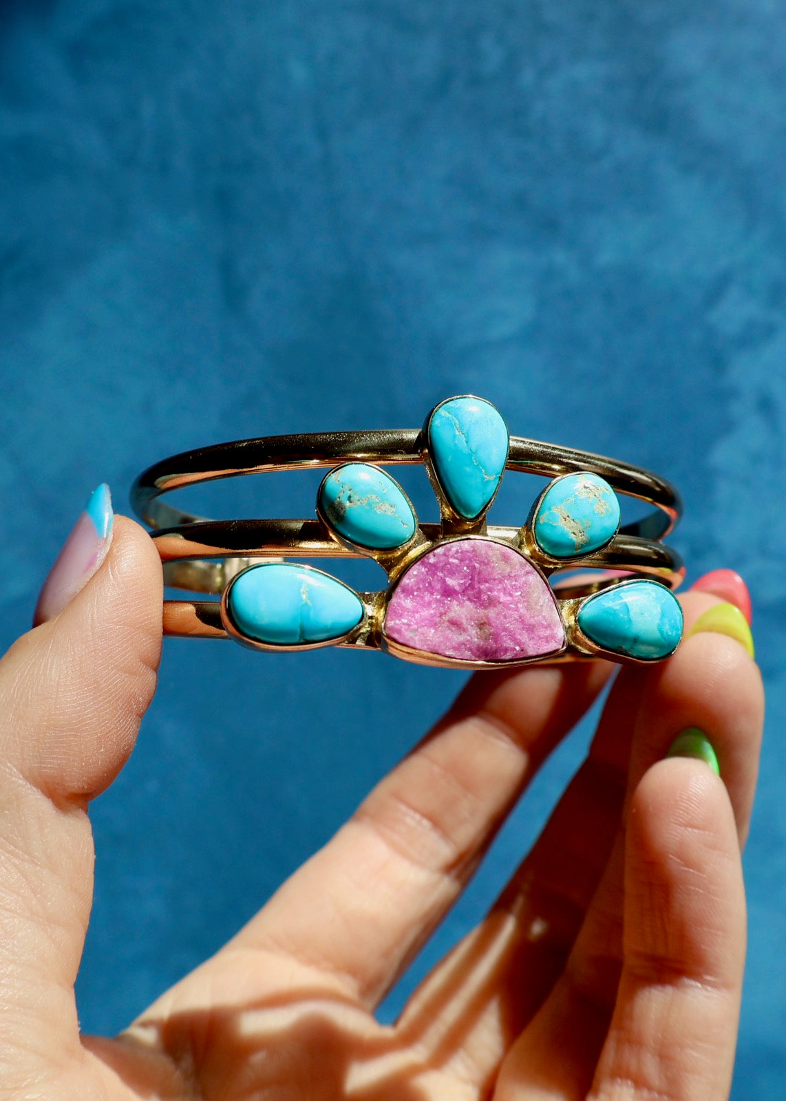 CUSTOM FOR JANET Cobalto Calcite &  Turquoise Triple Cuff Bracelet in Gold Alchemia E3