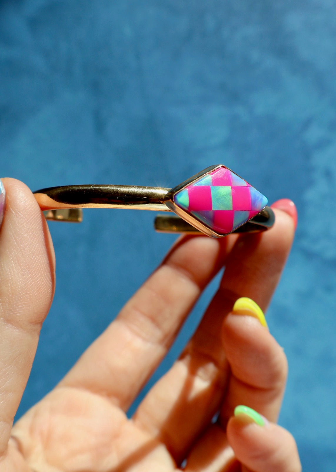 Hot Pink Checkerboard Opal Stacker Cuff Bracelet E5