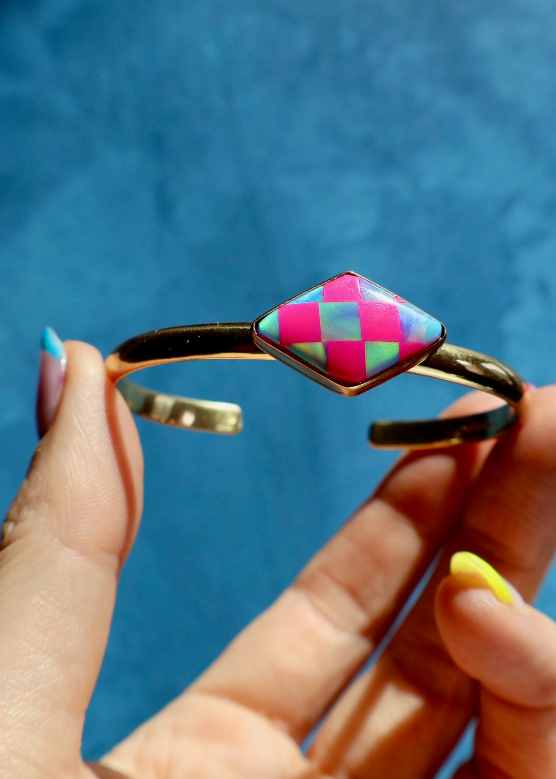 Hot Pink Checkerboard Opal Stacker Cuff Bracelet E5