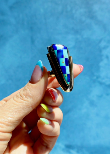 Checkerboard Aurora Opal Adjustable Ring in Gold Alchemia