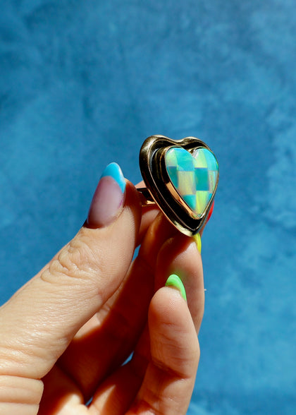 Checkerboard Aurora Opal Heart Adjustable Ring in Gold Alchemia